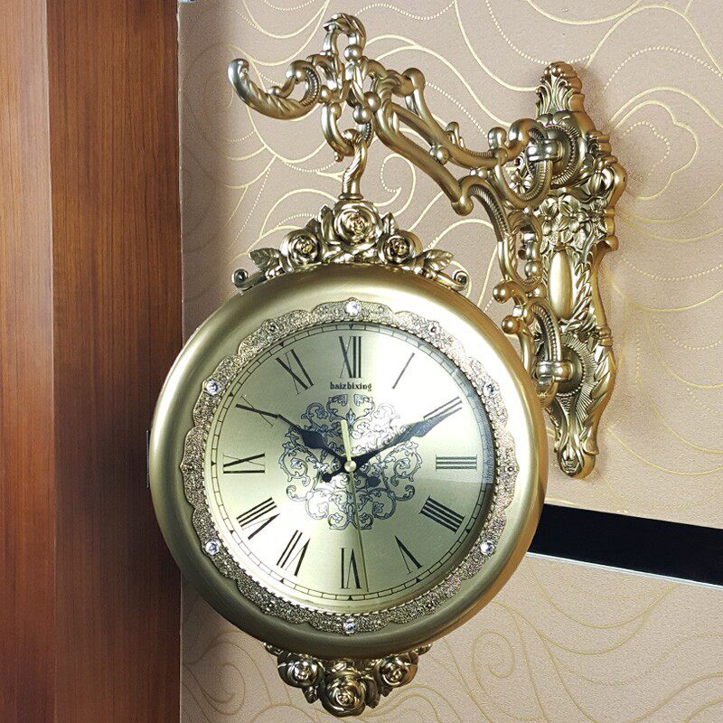 田园简约欧式钟表双面挂钟 客厅静D音大号吊钟 两面圆形创意石英