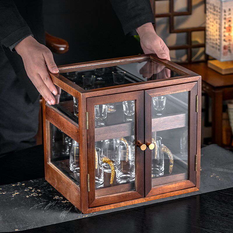 金箔白酒杯分酒器套装家用中式酒具防尘收K纳盒双层展示小酒柜947