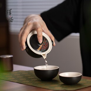 不漆而遇快客杯中式 N一壶两杯户外便携茶具 陶瓷旅行茶具小套装