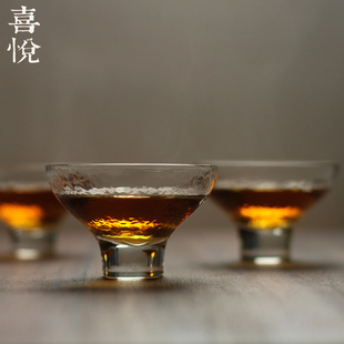 喜悦茶铺/玻璃品茗杯锤目纹斗笠杯日F式耐热茶杯普洱高脚酒杯/清