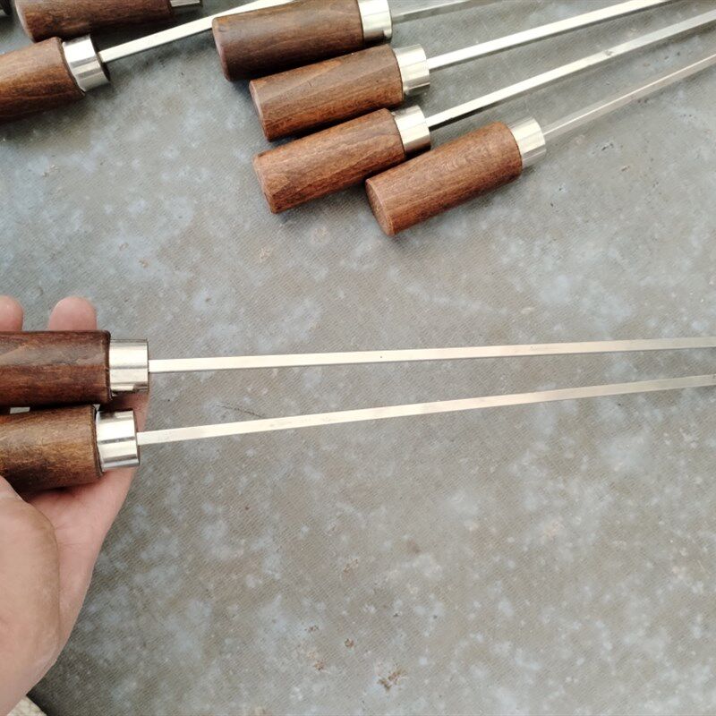 防烫木柄把手烤肉签子方条方钢条烧烤大串O304不锈钢带手柄