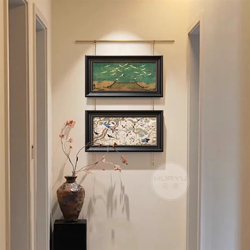 宋徽宗瑞鹤图中国风花鸟客厅装z饰画法式玄关复古黄铜轨道组合挂