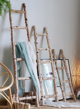 白桦木梯子橱窗花艺o装饰摆件户外花园庭院幼儿园收纳布置拍摄道