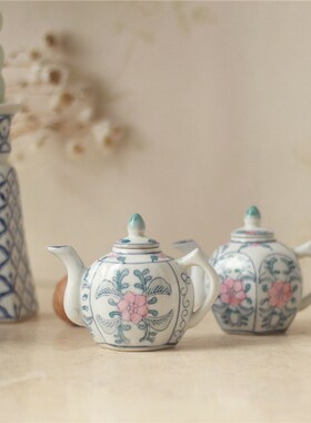 复古老货c迷你小壶 陶瓷壶摆件 手绘柴烧粉彩小茶壶中式国风装饰