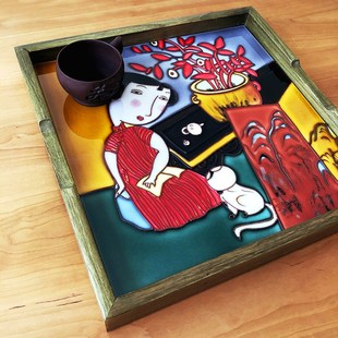 瓷板画托盘立体手绘陶瓷茶盘实y木水杯双面收纳盘化妆品正方形单