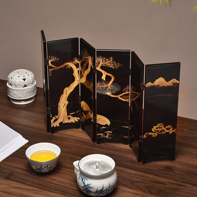 茶空间文创双面小屏风摆件仿古复C古茶台漆器摆件茶道配件礼盒装