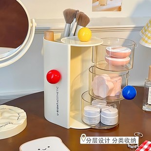 化妆刷粉扑收纳盒子桌面梳妆台美妆蛋口红小型旋转防X尘多层置物