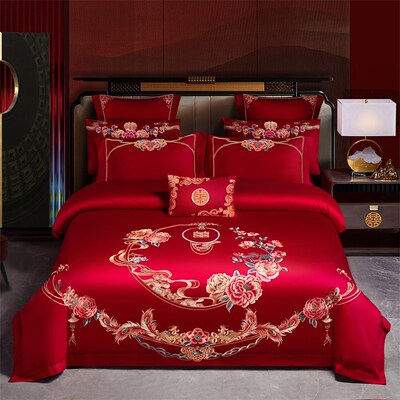 百子图龙c凤刺绣结婚四件套全棉纯棉婚庆喜被新婚房大红色床上用