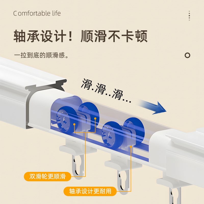 铝合金窗帘e轨道静音滑轨挂钩式滑道重型轴承轮单双轨顶装侧装导