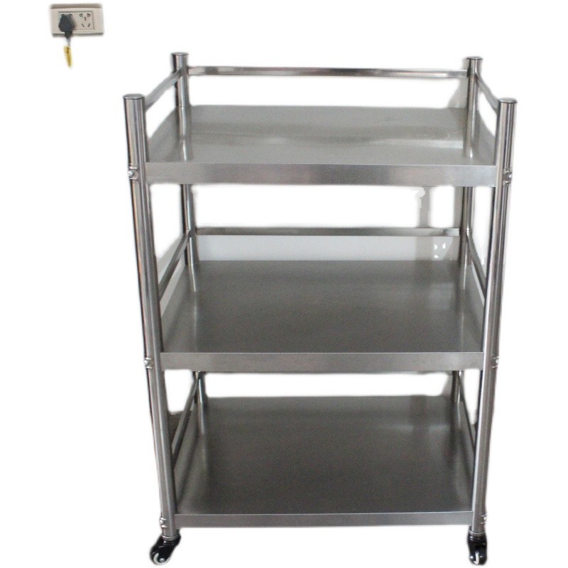 100高三层护栏带轮不锈钢厨房A置物架家收纳储物架微波炉架可移动