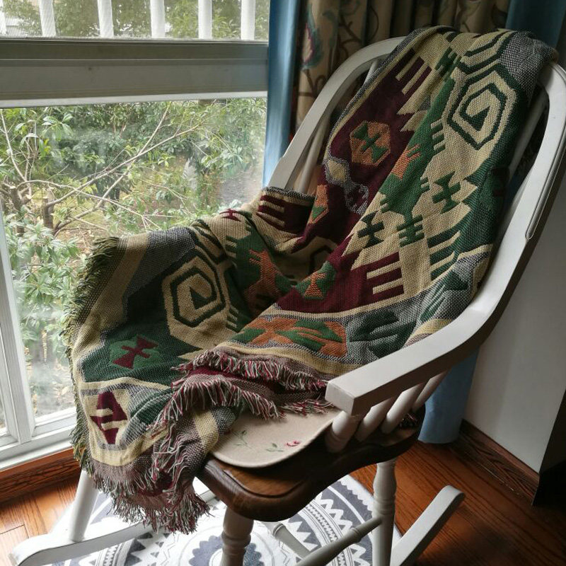民族风纯棉加g厚针织毯双面毛毯沙发毯全棉美式盖毯家用多功能毯