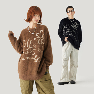 GOLFCROSS仿貂毛撞色提花毛衣套头宽松休闲保暖打底针织衫 女潮