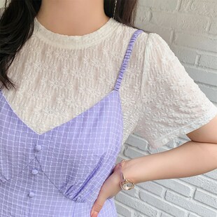 甜美连衣裙2024夏季新款220斤胖mm大码紫色显瘦格子吊带裙两件套