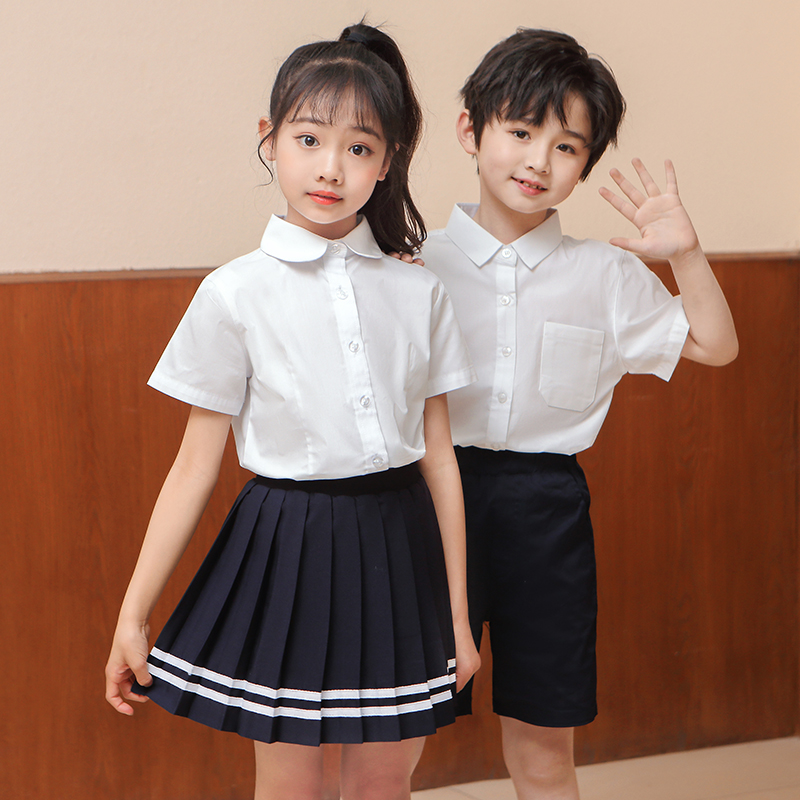 男童女童短袖白衬衫夏季2023新款中大儿童白色衬衣小学生校服套装