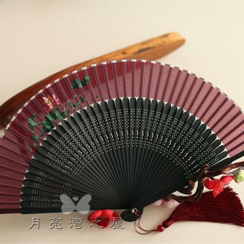 月亮扇 中国风手绘牡丹折扇旗袍女扇夏季日用扇随身携带小扇浅绿