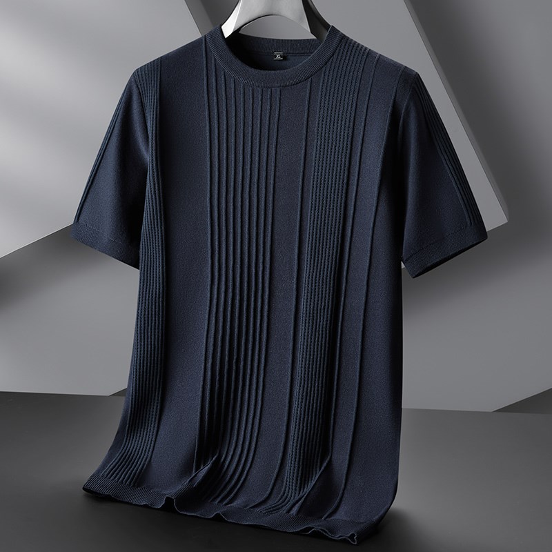 加肥加大码男式春秋提花条纹短袖针织衫大号宽松弹力套头打底毛衣