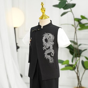 儿童西装套装2024新款夏季主持人礼服男童中式黑色钢琴演出服生日