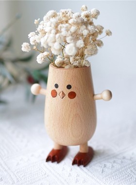 Joe的小作坊/小鸡桌面花器摆件实木创意可爱手作香薰干花水培礼物