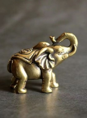 复古实心黄铜办公桌面车载小摆件福禄大象茶宠工艺品手把玩件