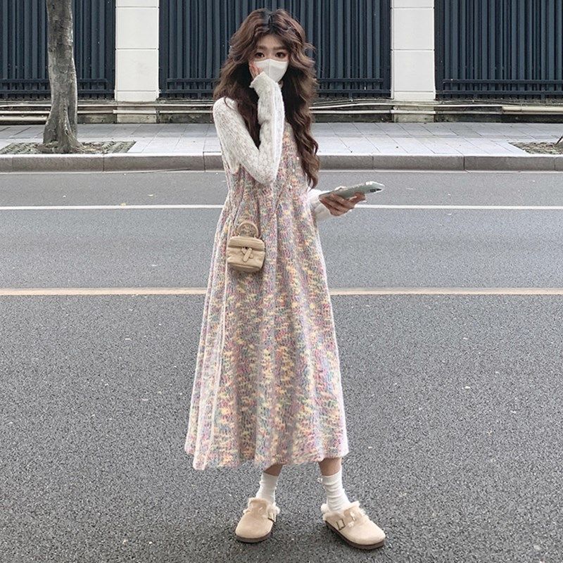 大码女装2024胖mm秋冬新中式彩虹甜美针织背心连衣裙蕾丝上衣套装