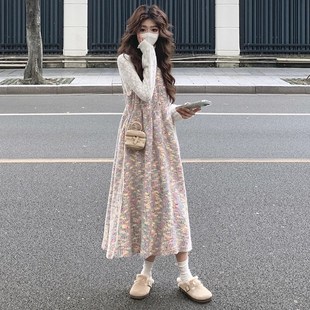 大码女装2024胖mm秋冬新中式彩虹甜美针织背心连衣裙蕾丝上衣套装