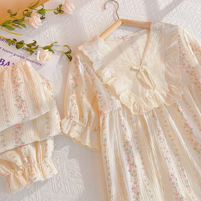 宫廷风短袖长裤睡衣女纯棉夏天双层棉纱家居服薄款花边领纱布套装