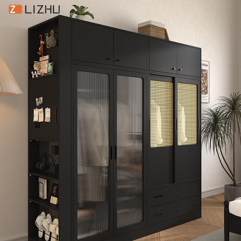 日式组合衣柜樱桃色推拉门藤编衣橱家用北欧卧室衣柜民宿黑色定制