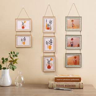 6寸洗照片做成相框挂墙7寸A4寸麻绳挂式相片框二连三联组合照片墙