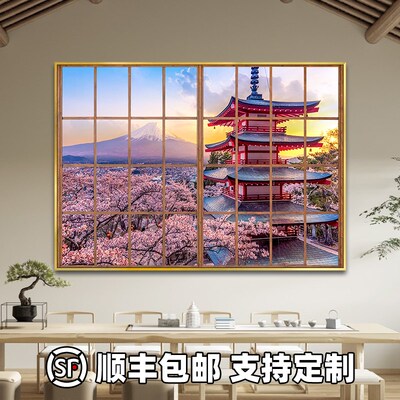 日式风景假窗户发光装饰画暗房茶室民宿酒店客房立体带灯窗景挂画