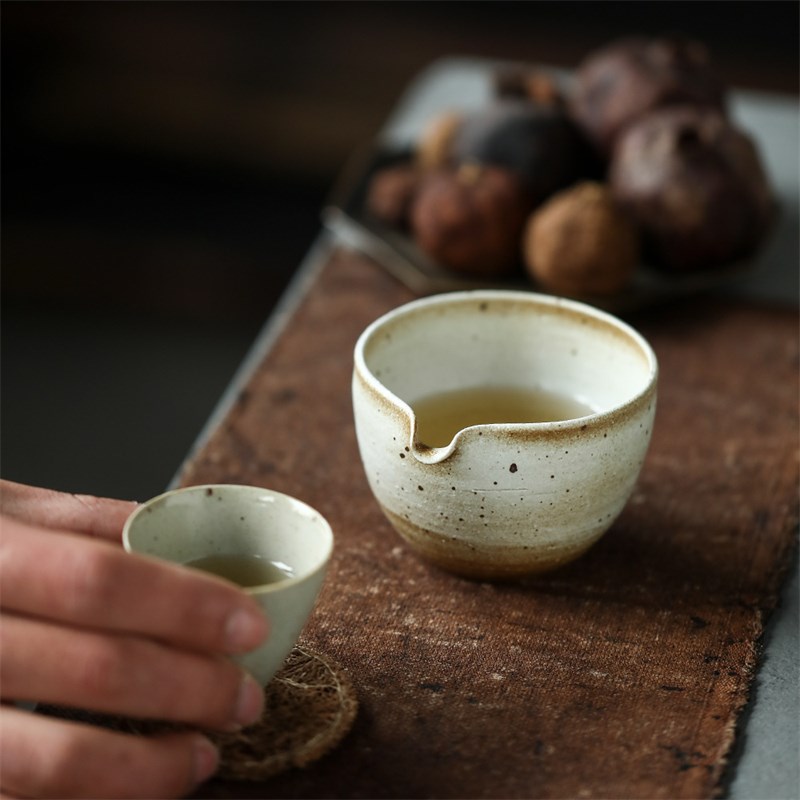 仿绢黄柴烧粗陶公道杯景德镇纯手工复古陶瓷茶具匀杯茶海分茶器小