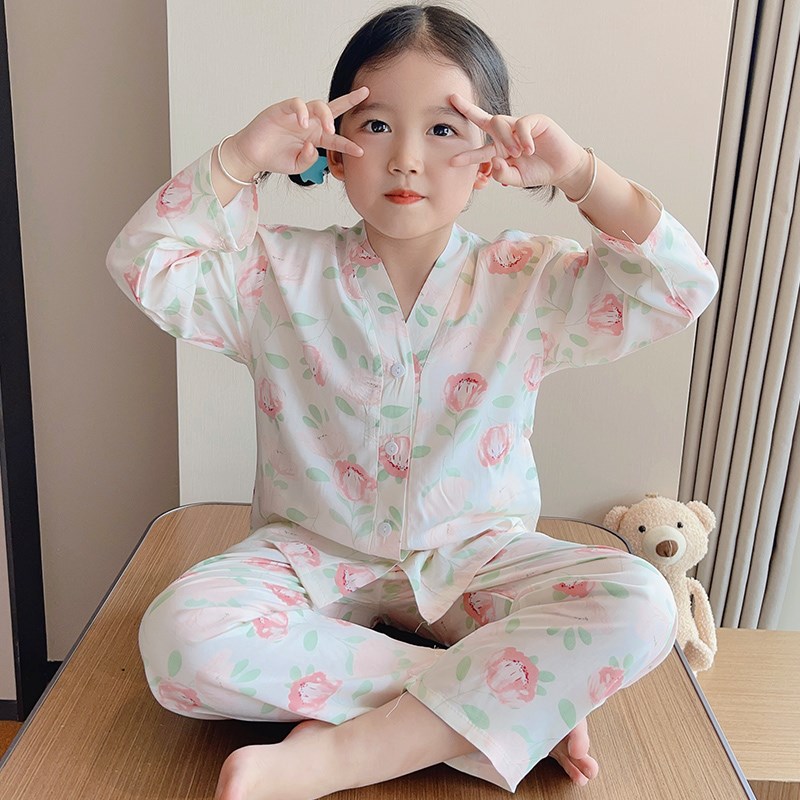 亲子装女童V领开衫儿童睡衣夏季薄款棉绸男孩空调服女宝宝棉绸