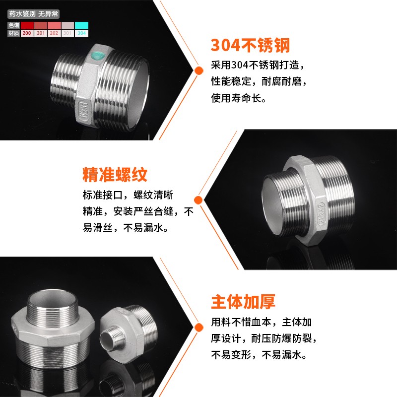 1.5/2/2.5/3/4寸304不锈钢双外丝接头转4/6分1寸变径异径水管对丝