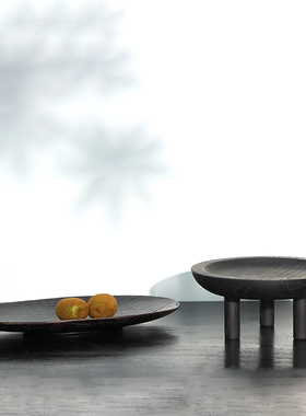 新中式三脚圆形托盘软装饰品水果盘玄关电视柜长盘黑色收纳盘摆件