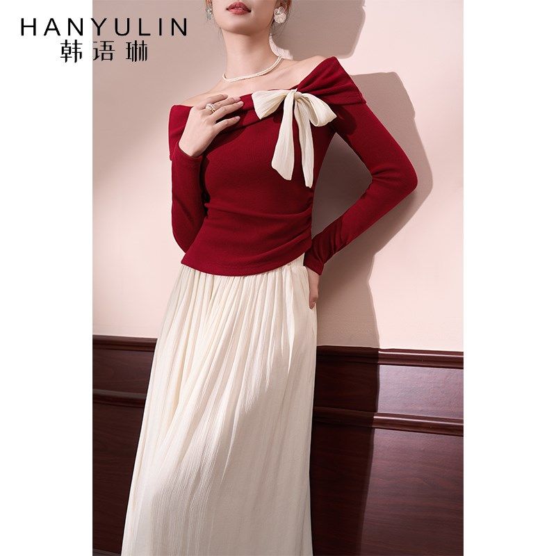 韩语琳红色短款一字肩针织衫女2025新款春秋冬款法式修身显瘦上衣