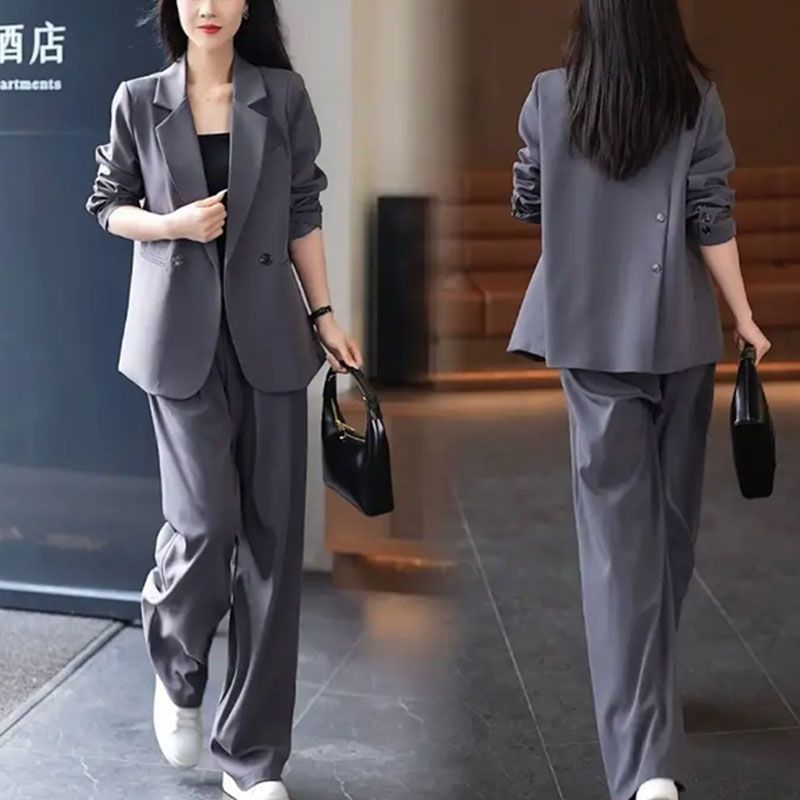 时尚休闲女士西服套装女2024秋季新款小众西装外套+阔腿裤两件套