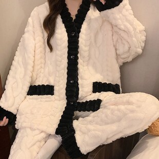 珊瑚绒睡衣女春秋冬季加厚保暖可爱法兰绒家居服公主风套装粉色