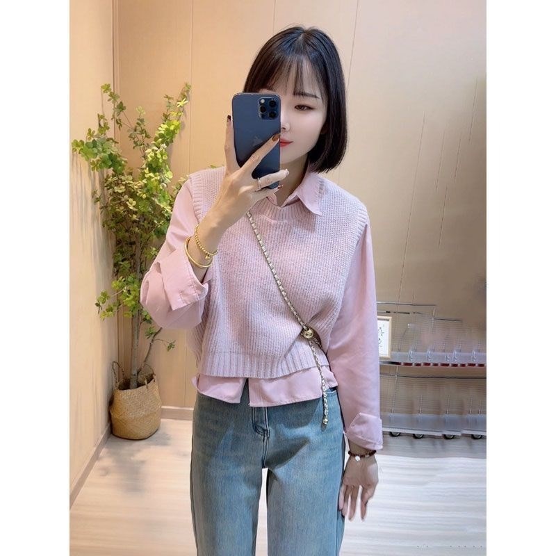 针织马甲背心女春秋2024新款宽松显瘦百搭翻领长袖衬衫两件套