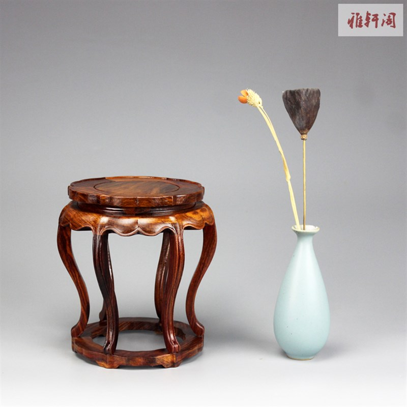 花梨木海棠形小花几中式古典圆形木托H盆景架花瓶瓷器摆件红木底