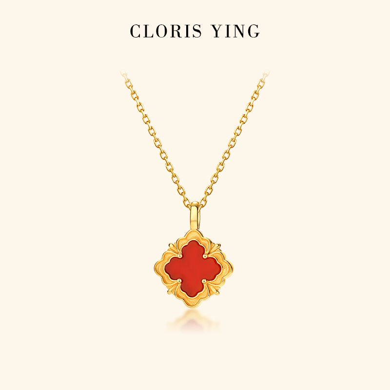 CLORIS  YING幸运四叶草项链女款宫廷风复古红色玛瑙吊坠锁骨颈链
