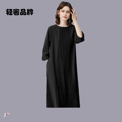 朗姿约定大码连衣裙女廓形名媛御姐宽松压褶显瘦遮肚贵气优雅裙子