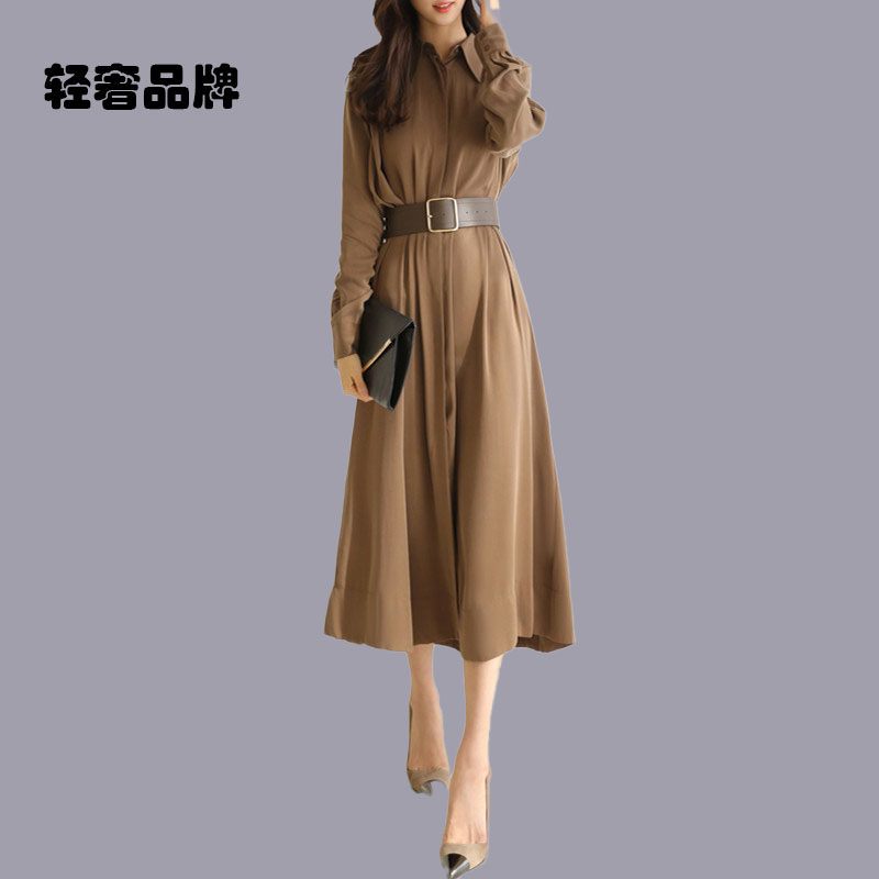 朗姿约定长袖翻领连衣裙女秋装新款系带a字长裙时尚长款衬衫裙