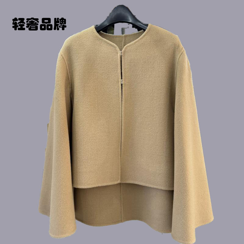 朗姿约定斗篷双面羊毛大衣女短款秋冬季新款宽松圆领A型毛呢外套