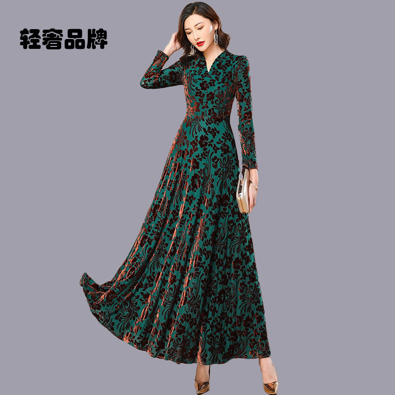 朗姿约定2026年春春秋新长袖连衣裙女长款时尚气质高级感提花长裙