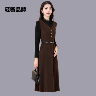 朗姿约定连衣裙女2026新款春秋长袖高档贵夫人小香风假两件套装