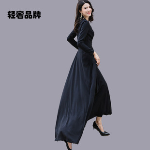 朗姿约定春秋长袖连衣裙女长款2026年新款秋季V领气质显瘦裙子