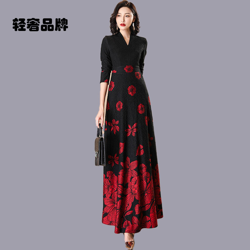 朗姿约定提花长袖连衣裙女长款2026春春秋收腰气质显瘦到脚踝长裙