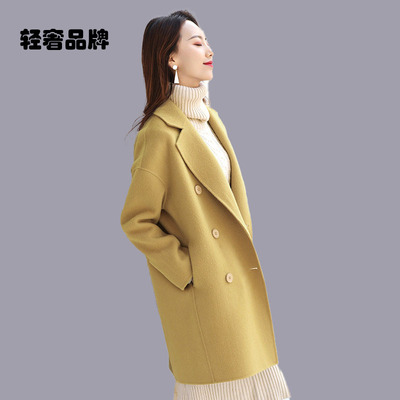 朗姿约定2025新款双面呢大衣鹅黄毛呢外套中长款零羊绒大衣女秋冬