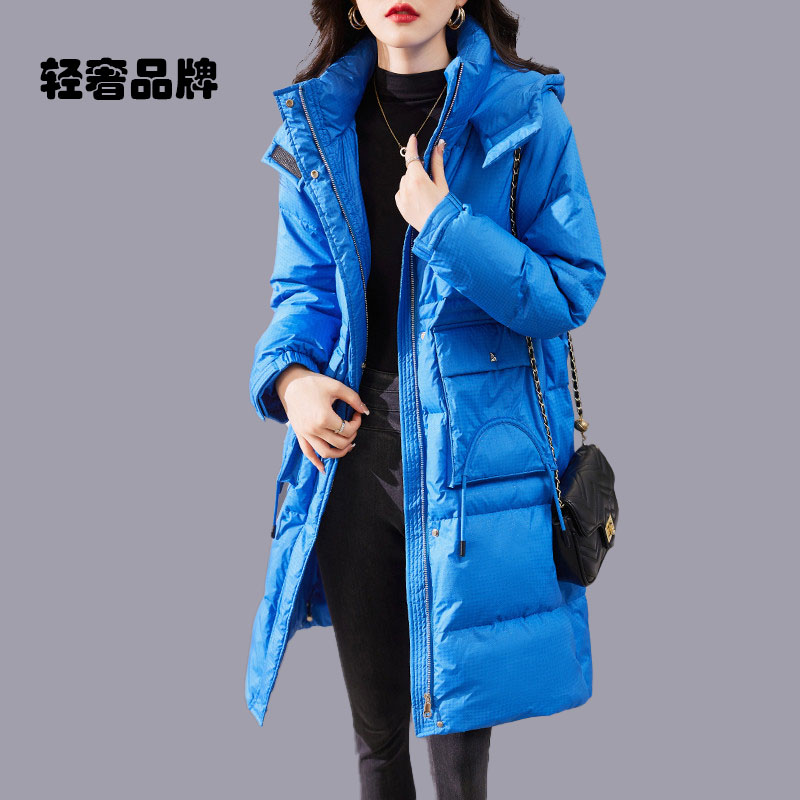 朗姿约定羽绒服女冬中长款2025新款小个子收腰白鸭绒爆款蓝色外套