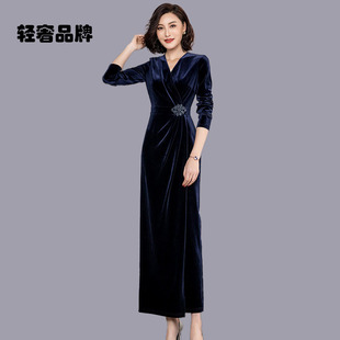 朗姿约定金丝绒连衣裙春季2026新款气质收腰裙子女春秋高级感长裙