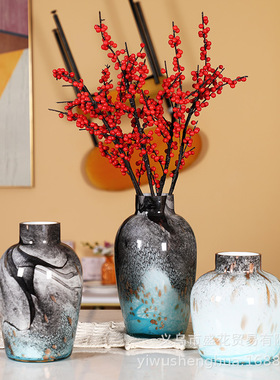 北欧蓝色玻璃花瓶 高级感花瓶ins风现代简约插花瓶植物办公室花瓶